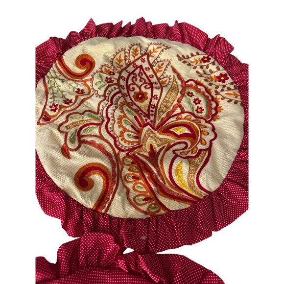 VTG Pier 1 Round Boho Ruffle Pillow Set Red Polka Dot Embroidered Floral Design - Picture 2 of 16